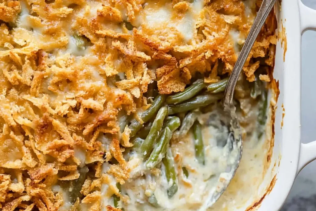 A close-up of a freshly baked green bean casserole, showcasing a golden, crispy fried onion topping and tender green beans in a creamy sauce.
