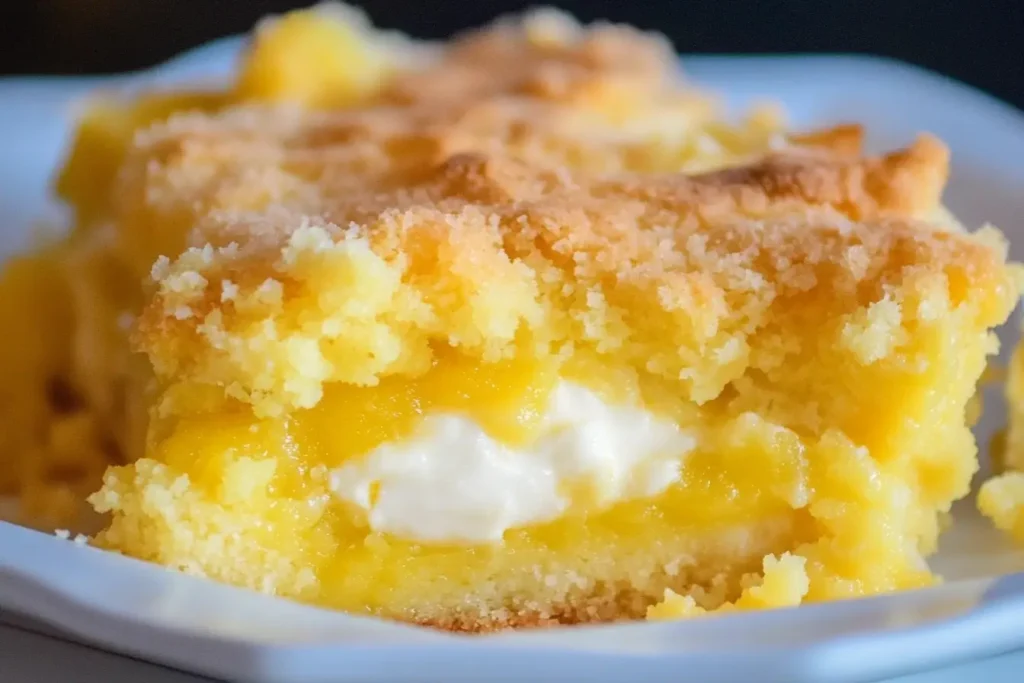 A freshly baked Lemon Cream Cheese Dump Cake showing its golden crust and creamy center layers, served on a white dish.