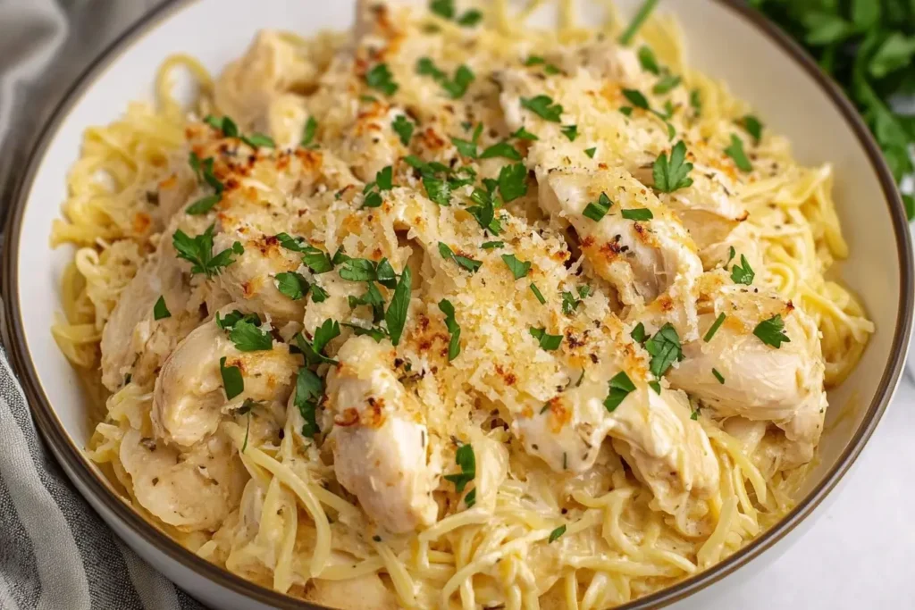 Crockpot Angel Chicken topped with a crispy Parmesan breadcrumb crust, served over a bed of pasta and garnished with parsley.