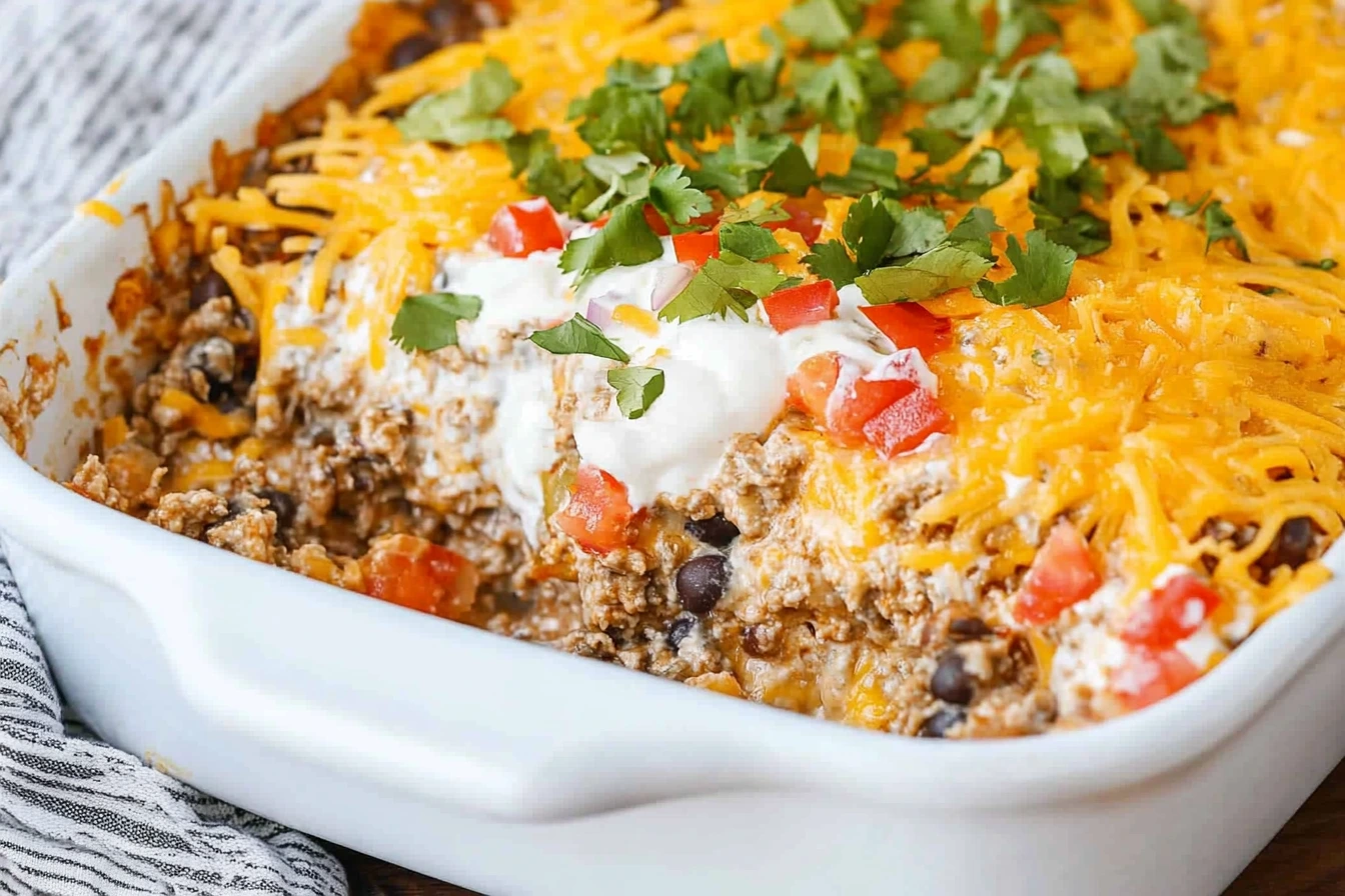 A hot taco dip casserole topped with melted cheese, sour cream, diced tomatoes, and cilantro, served in a white baking dish.