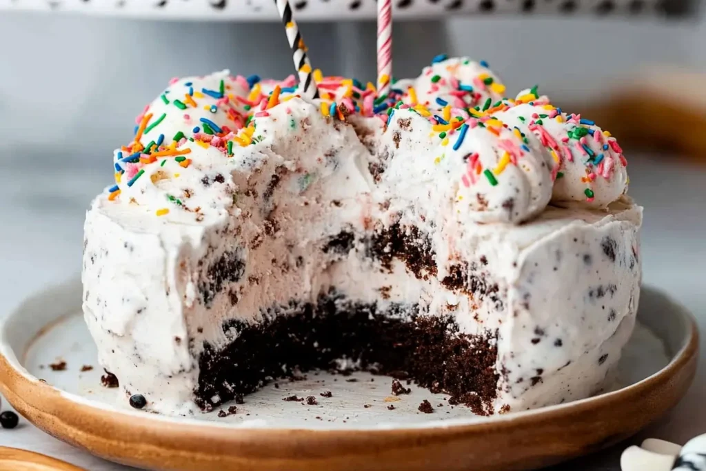 A sliced birthday cake ice cream cake with colorful sprinkles, layers of chocolate cake, and creamy ice cream, topped with festive decorations.