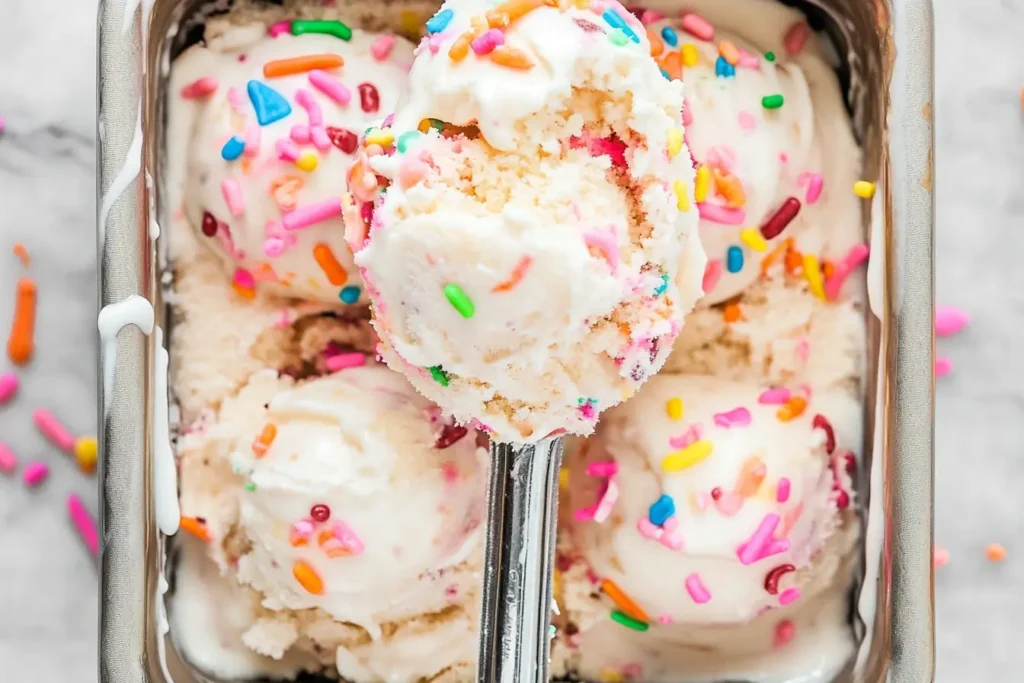 Scoops of sprinkle-filled birthday cake ice cream served in a metal container, highlighting its creamy texture and festive toppings.