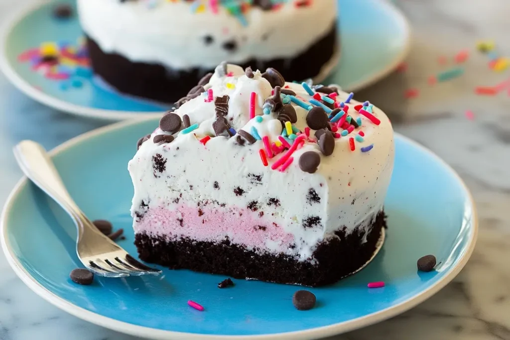 A close-up of a slice of birthday cake ice cream with a chocolate cookie crust, pink and white layers, sprinkles, and chocolate chips.