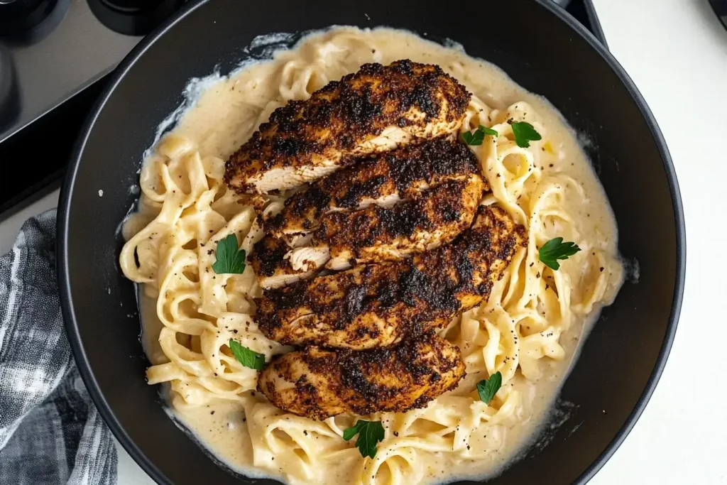 Blackened chicken alfredo presented in a cast-iron pan, with perfectly seared chicken strips resting on creamy pasta and garnished with parsley.