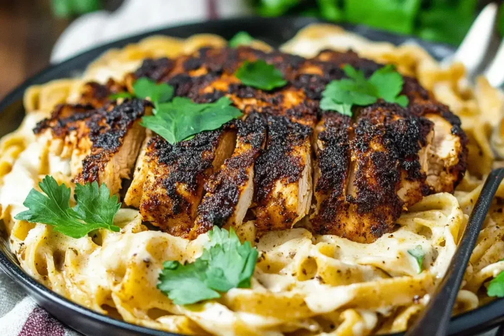 Blackened chicken alfredo served on a black dish, featuring tender pasta coated in creamy sauce and topped with smoky chicken slices and parsley.