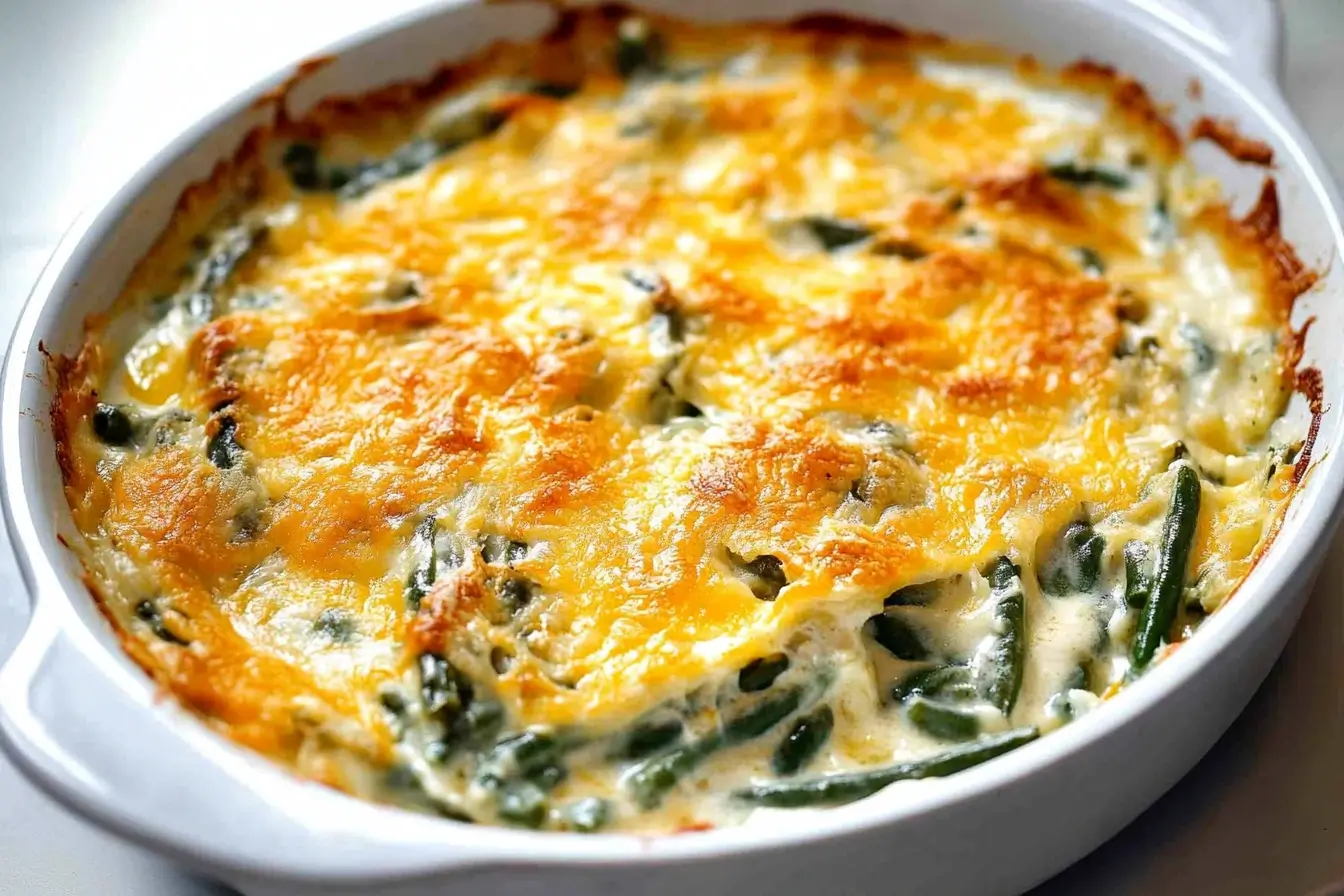 A close-up of a green bean casserole topped with melted cheese and baked to golden perfection, emphasizing a creamy and cheesy variation.