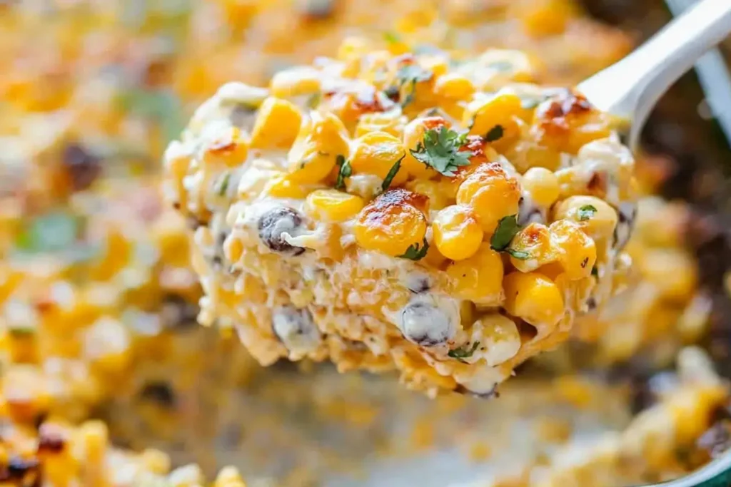 A spoonful of cheesy Mexican Street Corn Casserole showing layers of corn, creamy cheese, and garnishes of fresh cilantro in a glass dish.