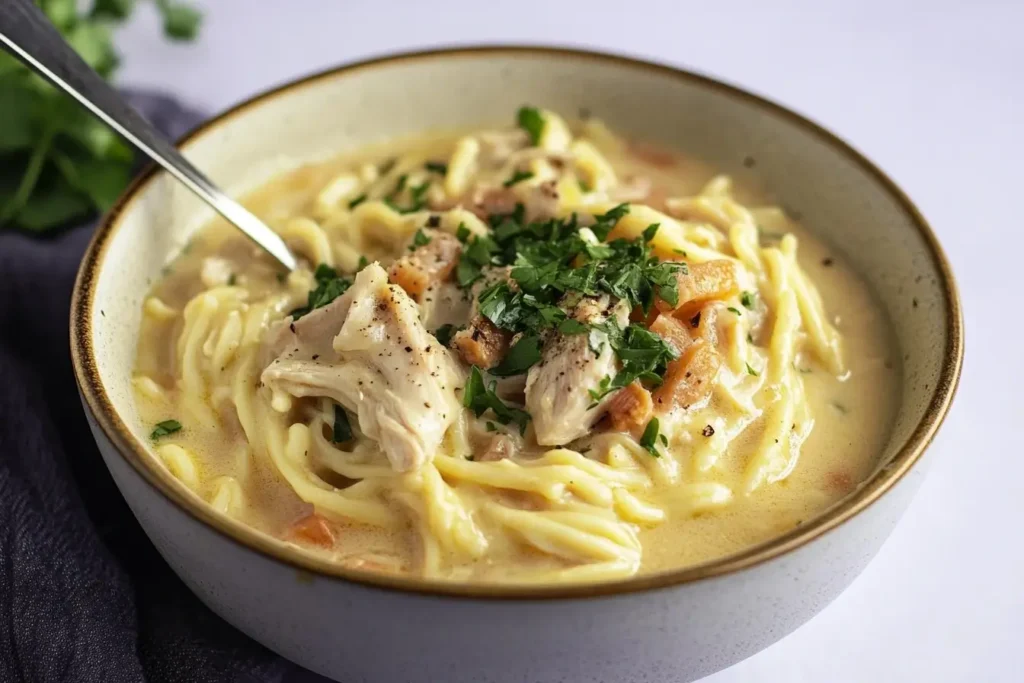 Crack Chicken Noodle Soup in a ceramic bowl garnished with parsley, showing tender chicken and rich noodles in a creamy sauce.