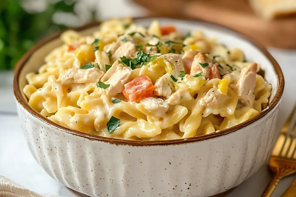 A close-up of chicken pot pie pasta served in a ceramic bowl, with chunks of chicken, pasta, and fresh parsley garnish.