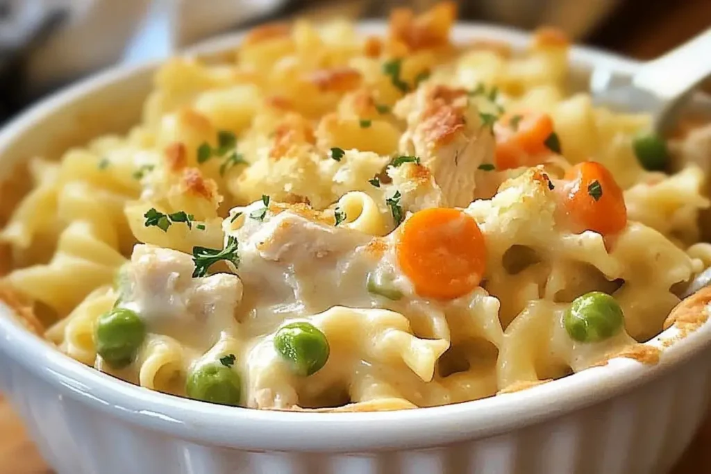A creamy serving of chicken pot pie pasta in a white casserole dish, garnished with parsley and featuring vibrant peas and carrots.