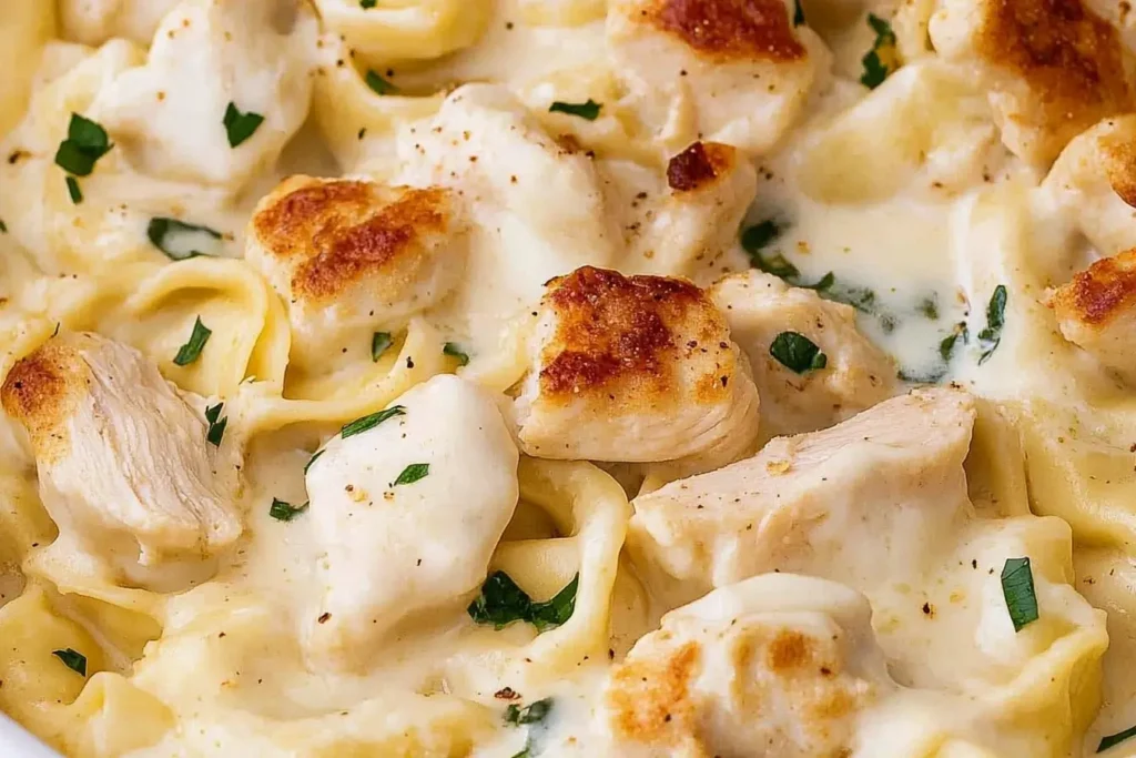 Close-up of creamy Chicken Tortelloni Alfredo with golden-brown chicken pieces, garnished with parsley in a white bowl.