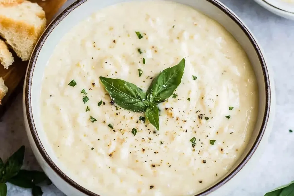 A bowl of classic Alfredo sauce garnished with fresh basil leaves, cracked black pepper, and served with bread on the side.