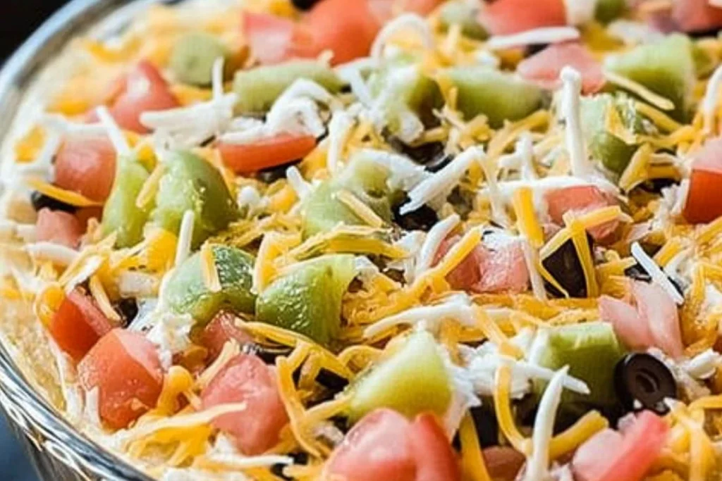A classic 7-layer taco dip featuring guacamole, shredded cheese, diced tomatoes, black olives, and green onions in a glass serving dish.