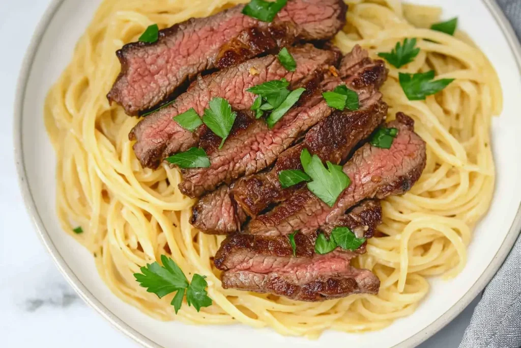 Thinly sliced grilled steak over spaghetti with fresh parsley, a classic dish in steak pasta recipes.