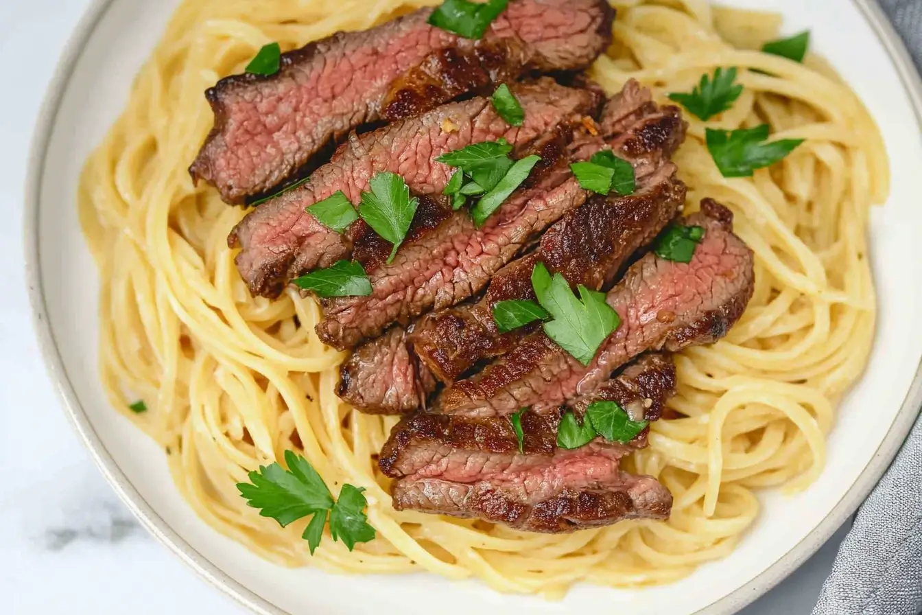 Thinly sliced grilled steak over spaghetti with fresh parsley, a classic dish in steak pasta recipes.