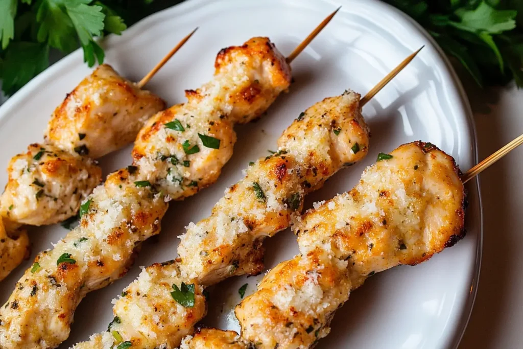 Close-up view of Garlic Parmesan Chicken Skewers showcasing the golden Parmesan crust and vibrant herbs.