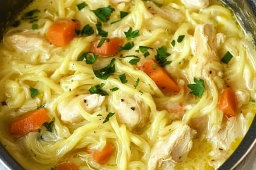 A bowl of Crack Chicken Noodle Soup topped with fresh parsley, showcasing noodles, carrots, and shredded chicken in a creamy broth.