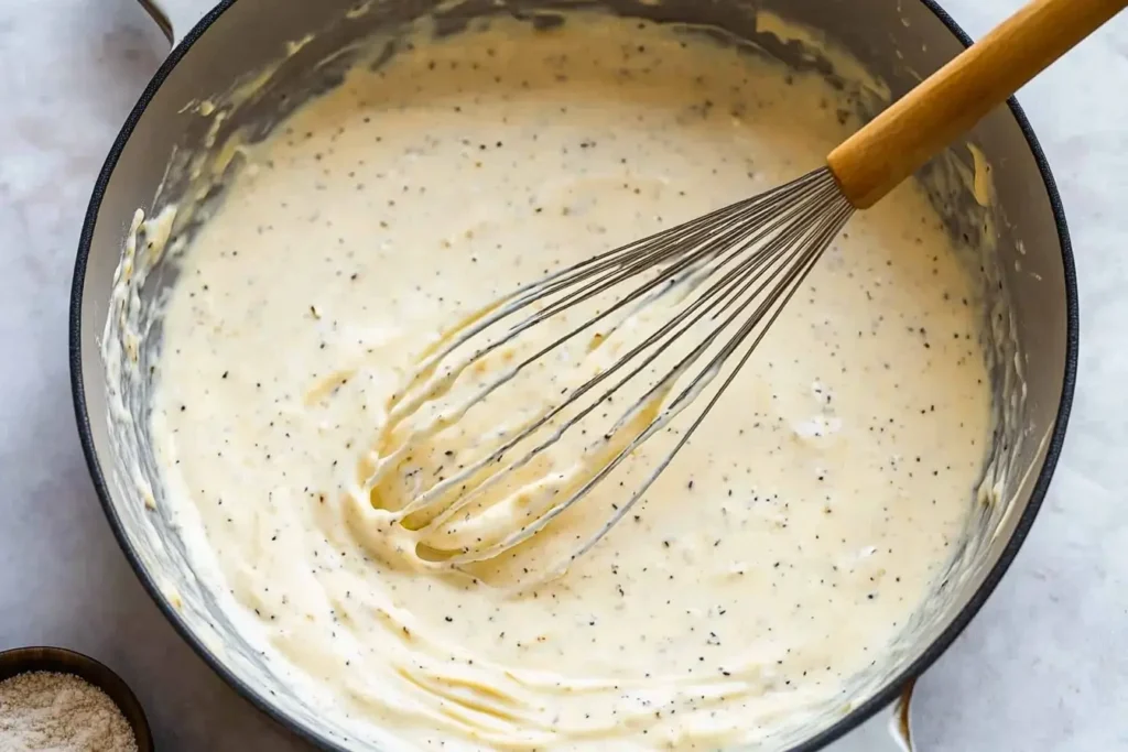 A close-up of creamy Alfredo sauce being whisked in a pan, showcasing its smooth and velvety texture with flecks of seasoning.