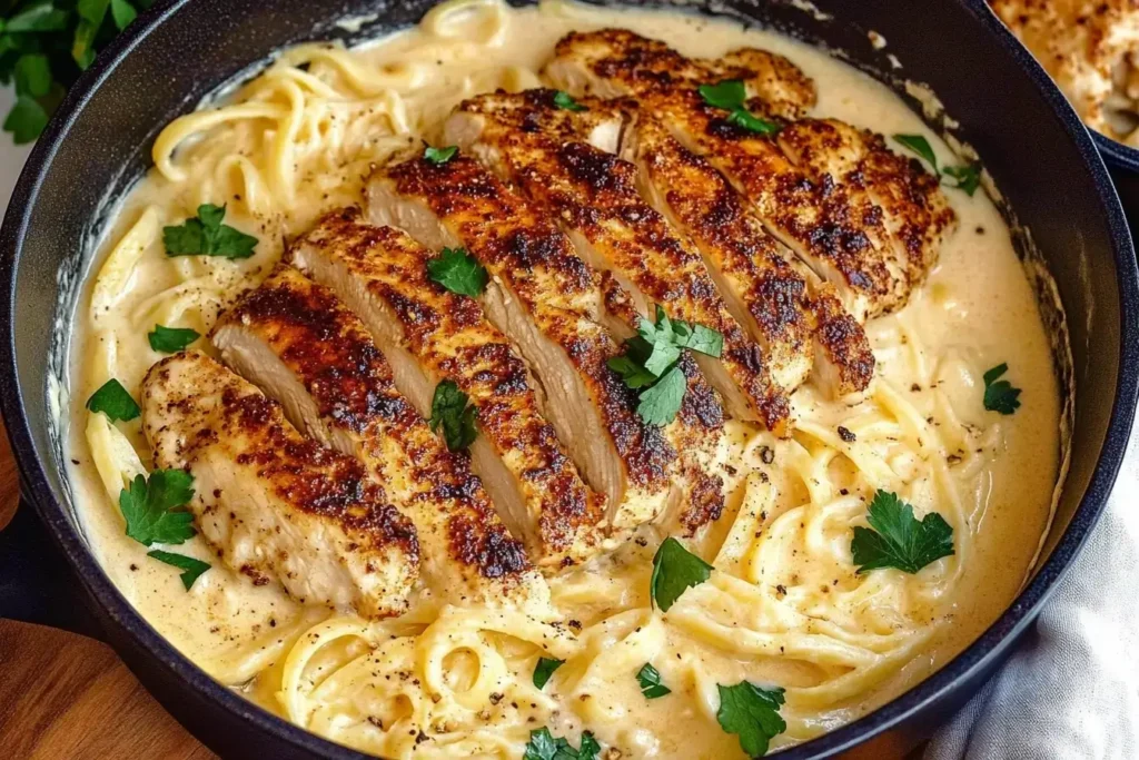 A skillet of blackened chicken alfredo, featuring sliced, charred chicken breast atop creamy fettuccine noodles, garnished with fresh parsley.
