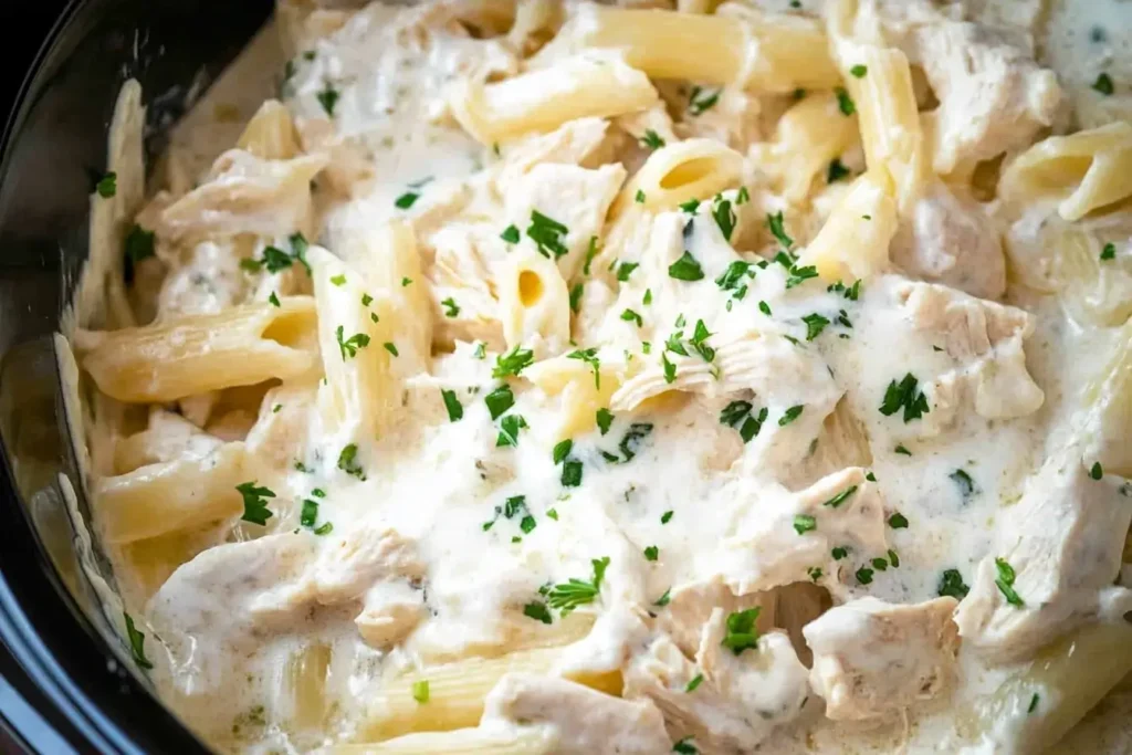 Creamy Crock Pot Chicken Alfredo with pasta and shredded chicken, beautifully garnished with fresh parsley, ready to be served.
