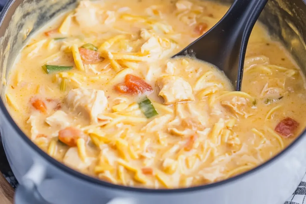 A pot of creamy Crack Chicken Noodle Soup with shredded chicken, noodles, and diced vegetables, stirred with a ladle.