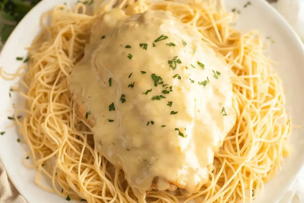 A single chicken breast smothered in creamy sauce, served on a plate of angel hair pasta and garnished with parsley.