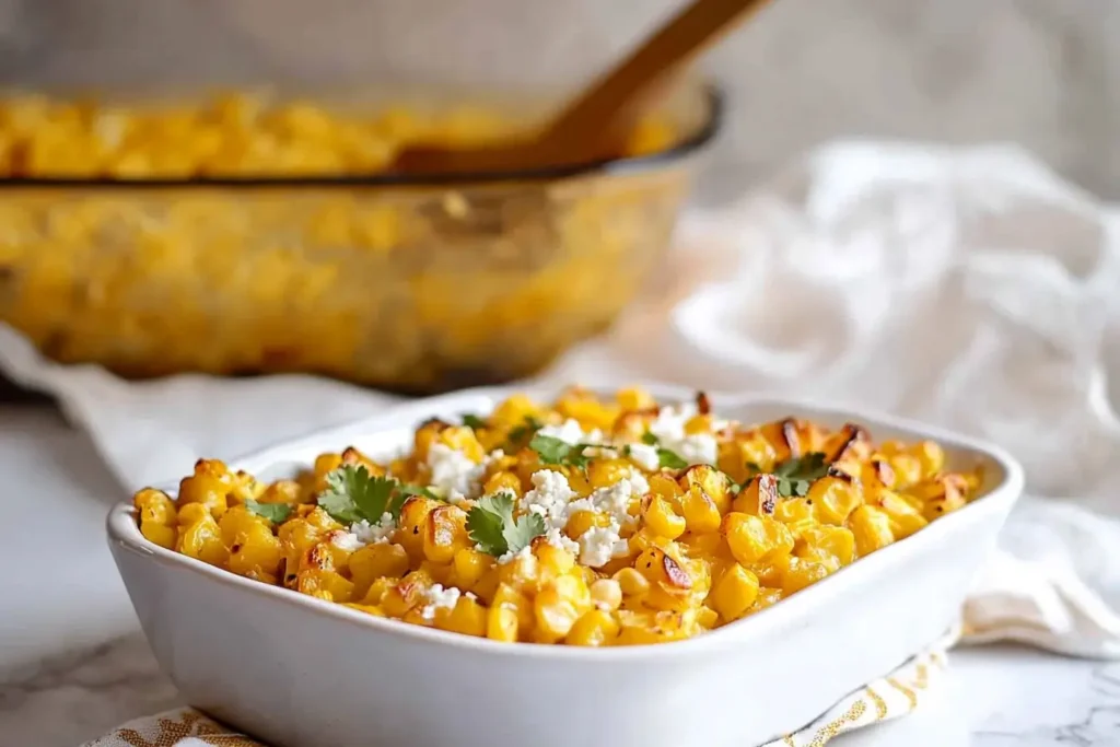 Close-up of a creamy Mexican Street Corn Casserole served in a white baking dish, garnished with fresh cilantro and crispy baked corn edges.