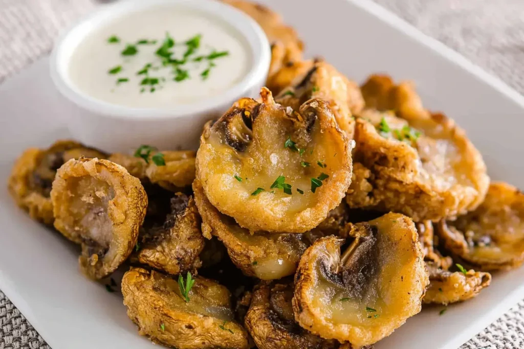 Golden crispy fried mushrooms with a crunchy coating, served on a white plate with a creamy dipping sauce garnished with fresh herbs.