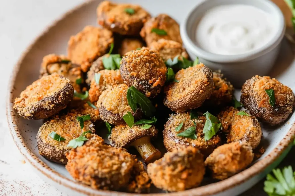 A close-up of crispy fried mushrooms garnished with fresh herbs, served on a ceramic plate with a creamy dipping sauce in the background.