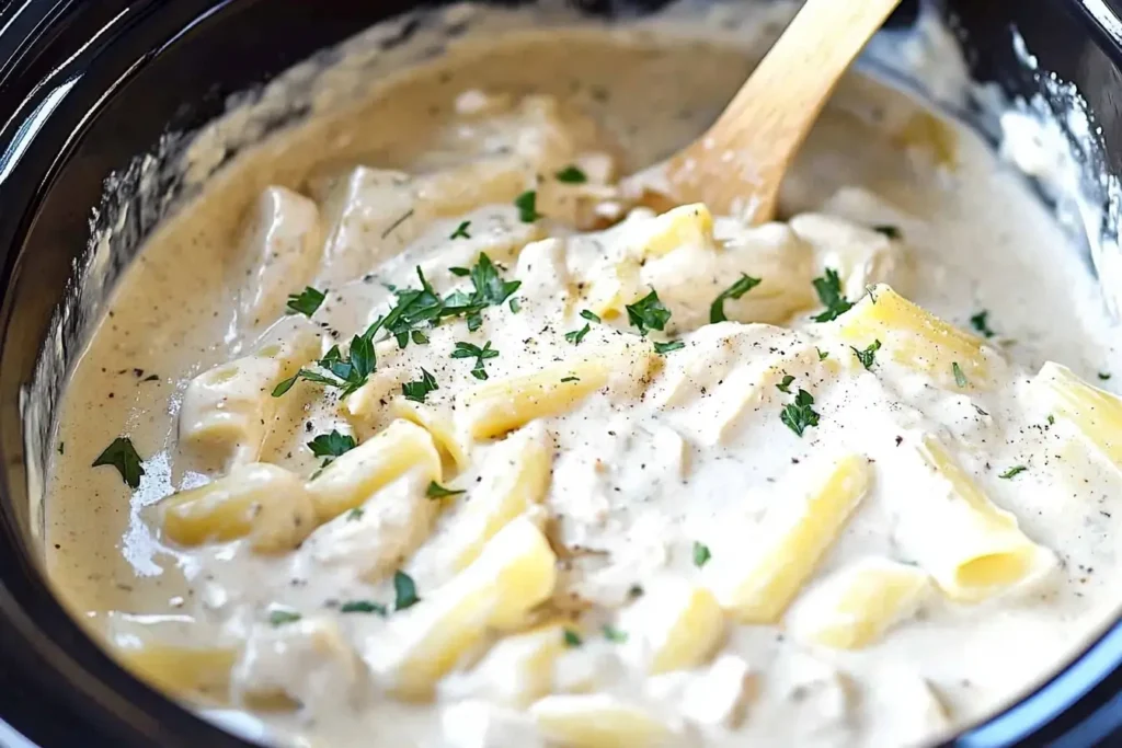 A close-up view of creamy Crock Pot Chicken Alfredo sauce with penne pasta, garnished with fresh parsley, served in a slow cooker.