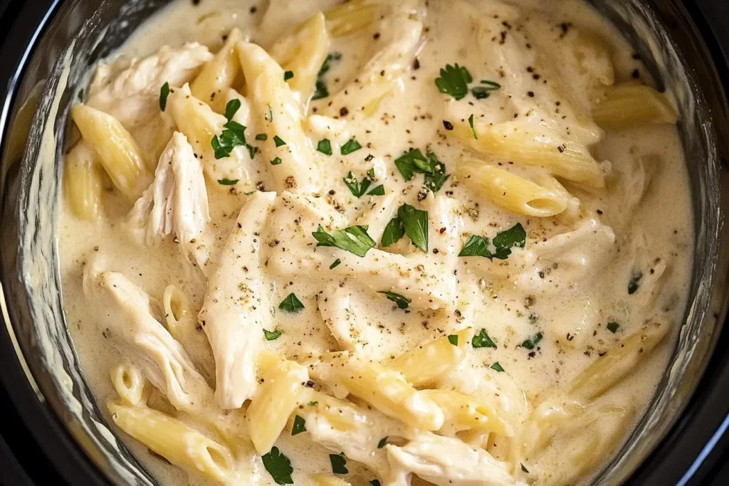A top-down view of Crock Pot Chicken Alfredo, with shredded chicken, penne pasta, and creamy sauce garnished with parsley.