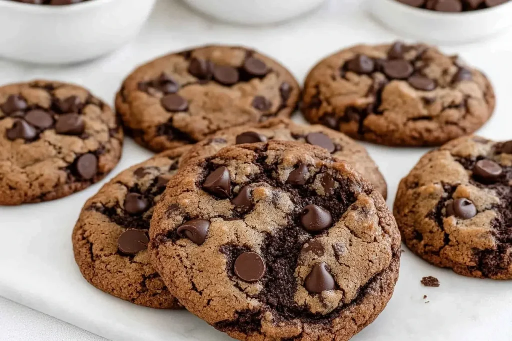 A batch of double chocolate chip cookies served on a white plate, highlighting their perfect bake and enticing appearance.