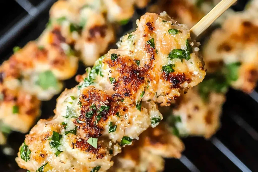A Garlic Parmesan Chicken Skewer being grilled, with visible charring and herbs for a perfectly cooked and smoky flavor.