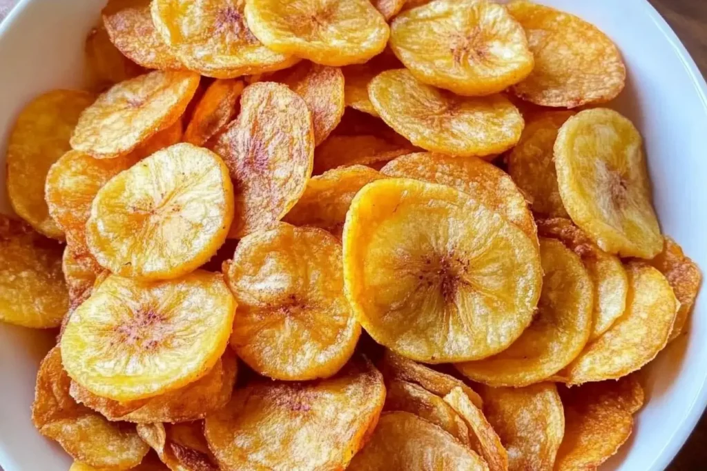 A bowl of golden, crispy plantain chips showcasing their thin and crunchy texture, ideal as a delicious snack.