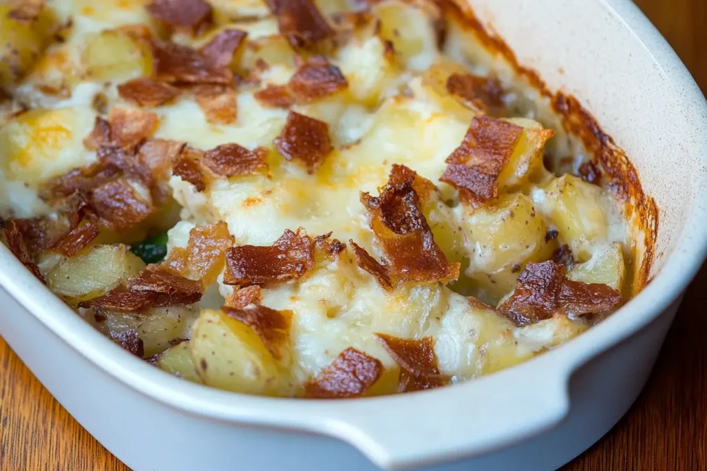 Mississippi Mud Potatoes in a white ceramic dish, featuring perfectly baked golden potatoes topped with crispy bacon and melted cheese.