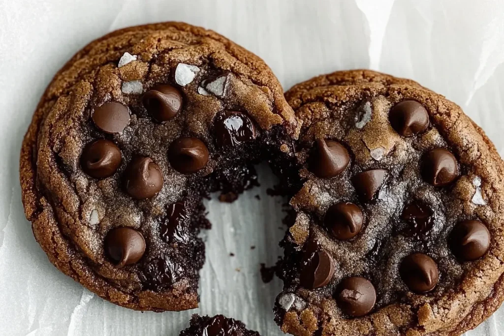 A perfectly baked double chocolate chip cookie split in half, revealing its soft, gooey center filled with melty chocolate chips.