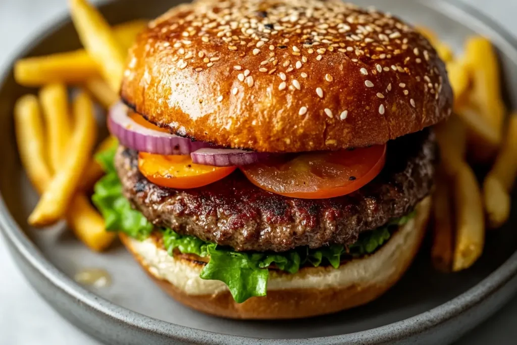 A gourmet Crack Burger with a sesame bun, fresh tomato, lettuce, red onion, and a side of crispy French fries on a gray plate.