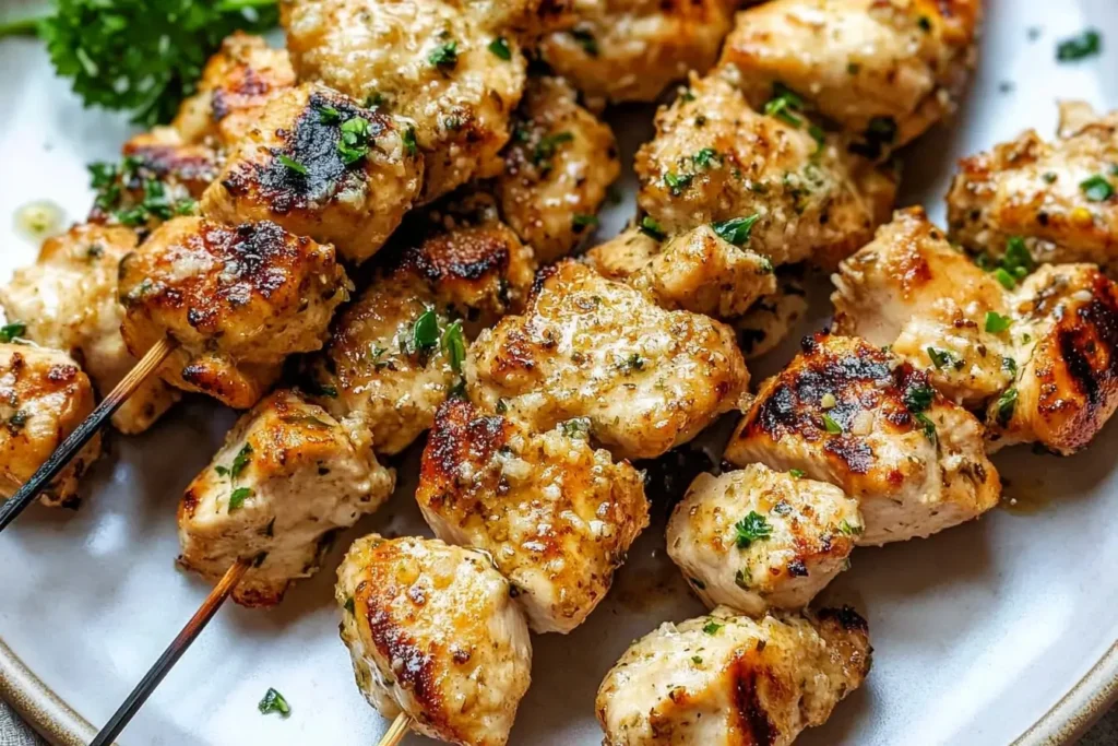 Grilled Garlic Parmesan Chicken Skewers served on a plate, garnished with fresh parsley for a flavorful and juicy presentation.