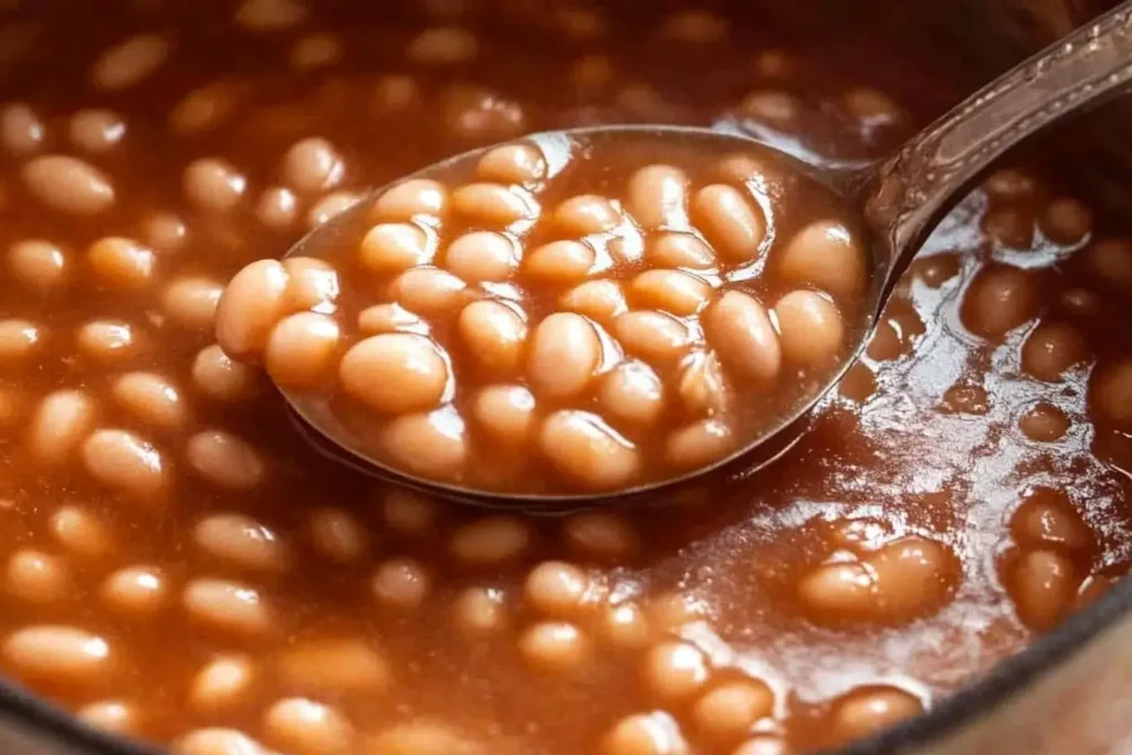 Classic baked beans with a smooth, savory sauce being served from a pot with a spoon.