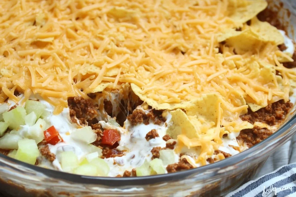 A hearty taco dip recipe layered with seasoned ground meat, sour cream, shredded cheese, and fresh diced vegetables in a glass pie dish.