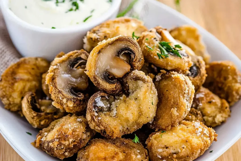 Crispy herb-crusted fried mushrooms served in a white bowl with a side of dipping sauce, garnished with sprigs of fresh parsley.