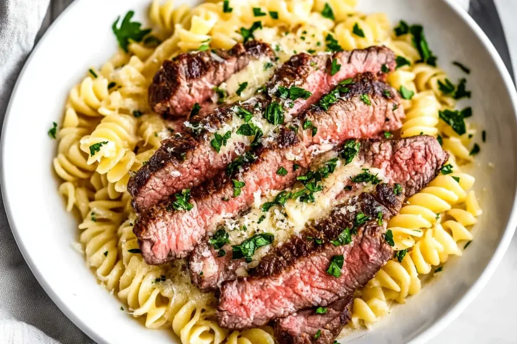 Juicy grilled steak slices served over creamy rotini pasta with parsley garnish, showcasing one of the best steak pasta recipes.