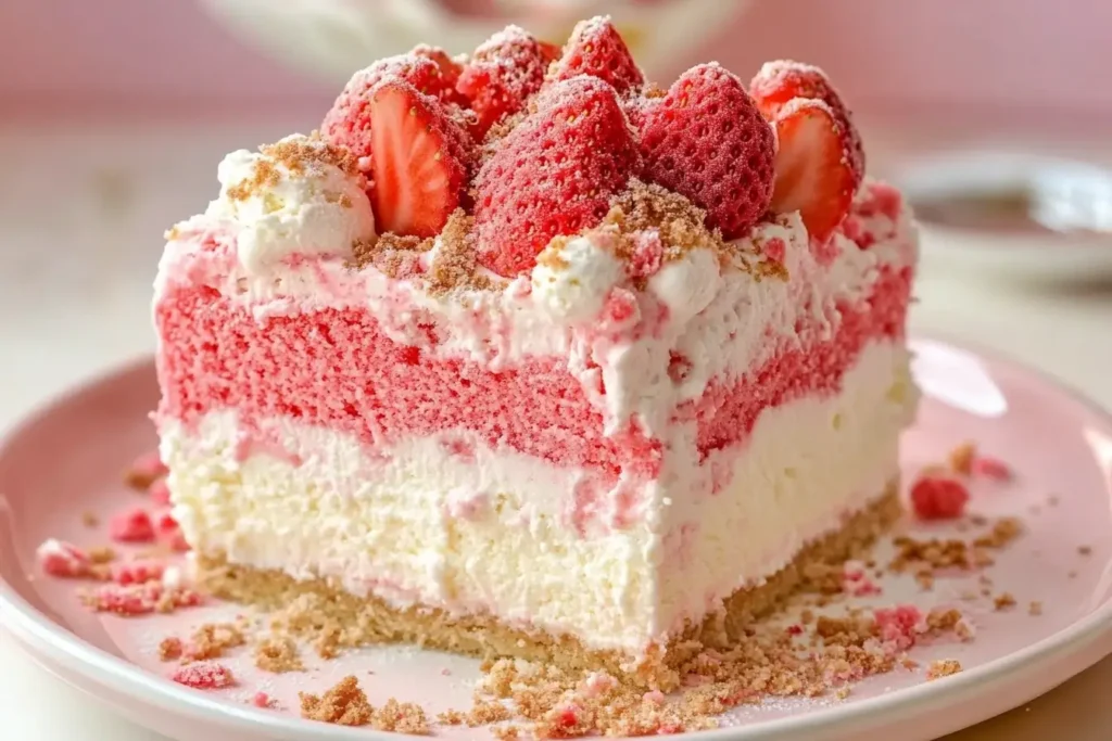A layered Strawberry Shortcake Ice Cream Cake on a pink plate, topped with whipped cream, fresh strawberries, and a crumbly base.