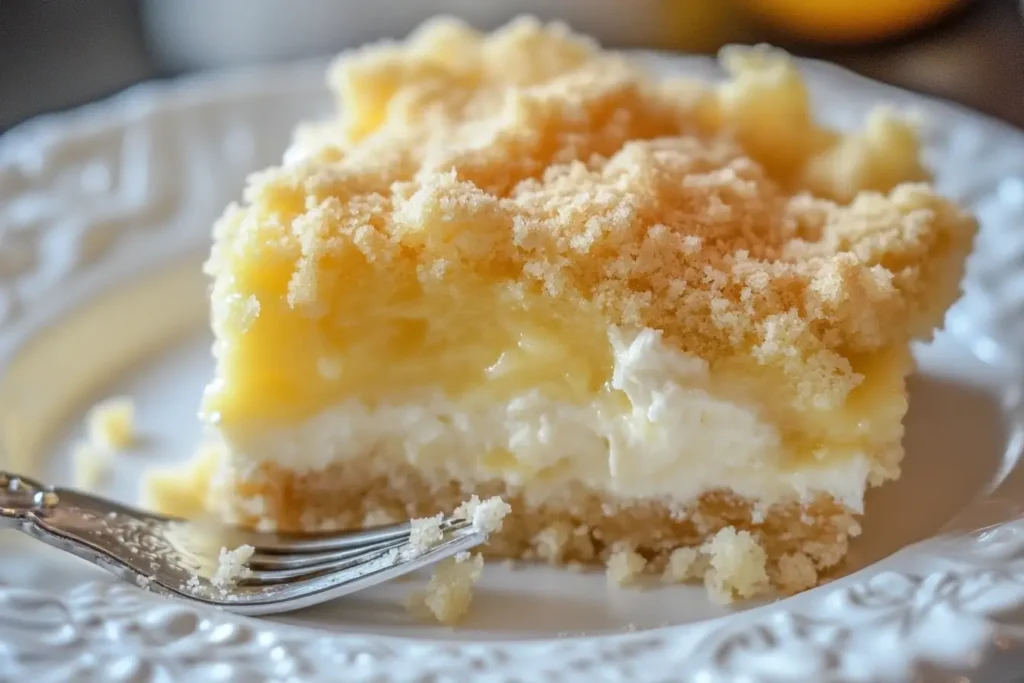 A close-up view of a slice of Lemon Cream Cheese Dump Cake, showcasing its creamy middle layer and crumbly golden topping on a white plate.