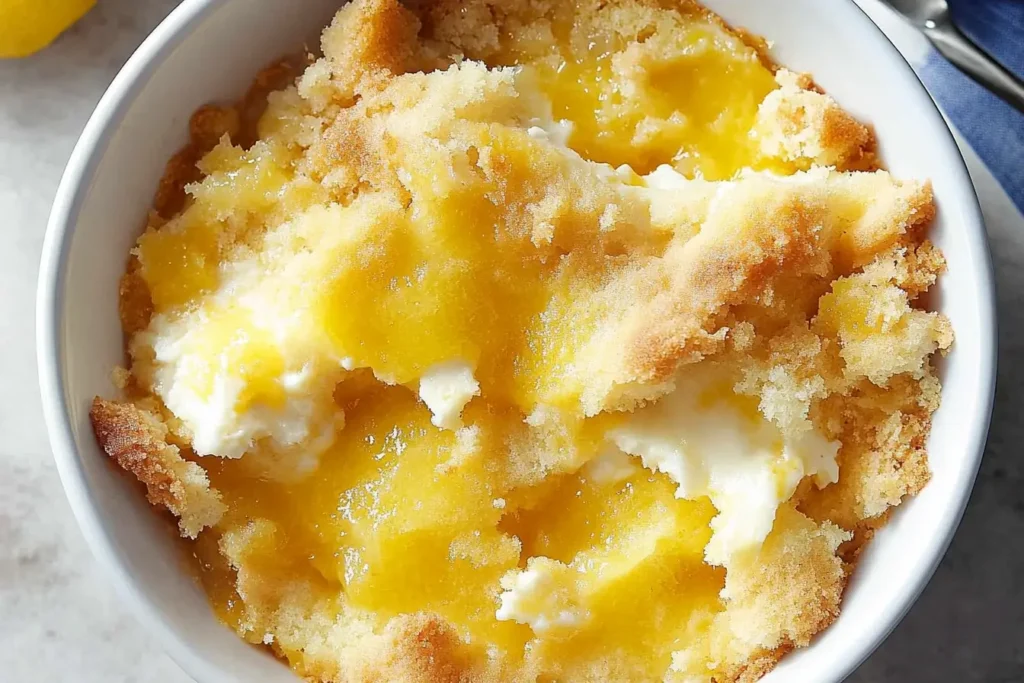 A serving of Lemon Cream Cheese Dump Cake in a white bowl, featuring a gooey cream cheese layer and vibrant yellow lemon filling.