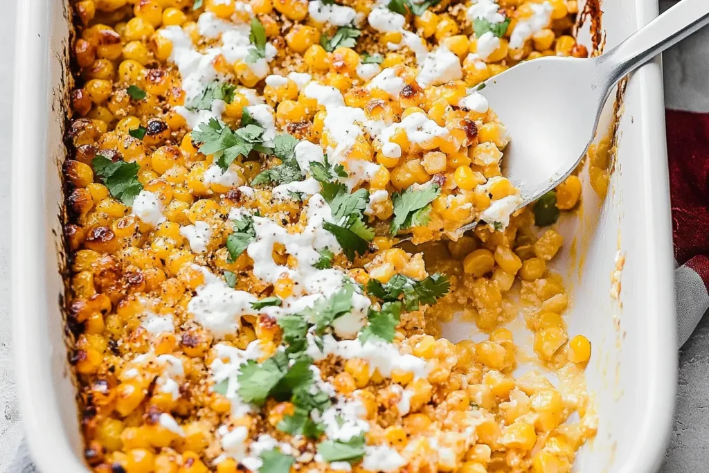 A vibrant Mexican Street Corn Casserole topped with fresh cilantro, creamy sauce, and golden-baked corn served in a white casserole dish.
