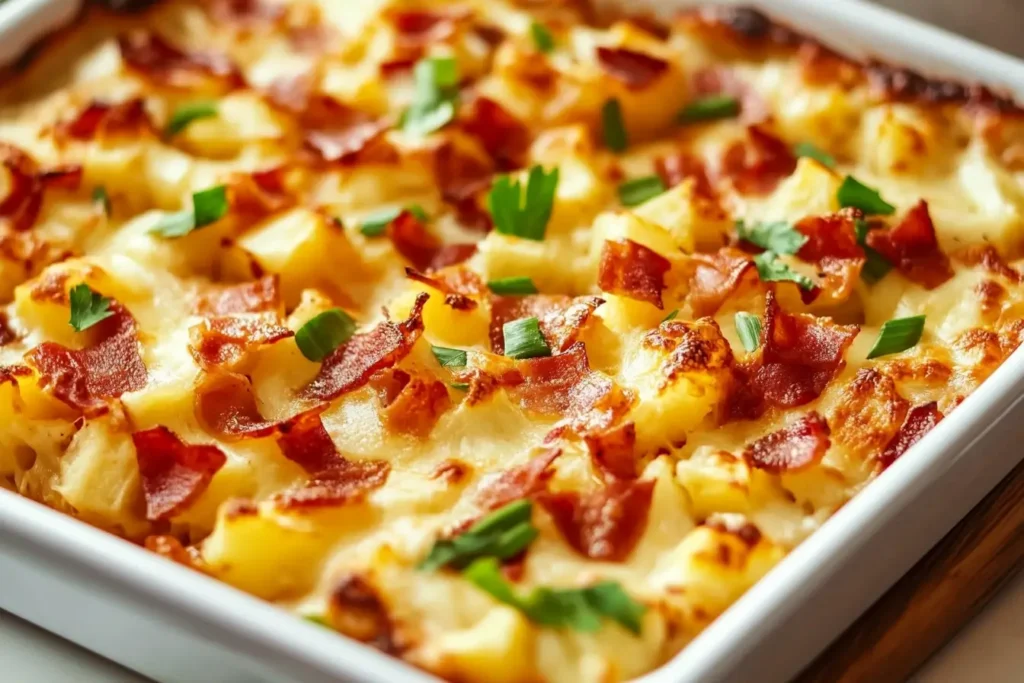 Close-up of Mississippi Mud Potatoes baked to perfection with crispy bacon, melted cheese, and garnished with fresh herbs.