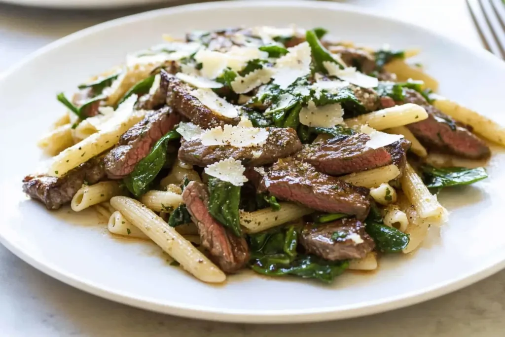 Sliced steak paired with penne pasta, spinach, and Parmesan for a light and flavorful steak pasta recipe perfect for dinner.
