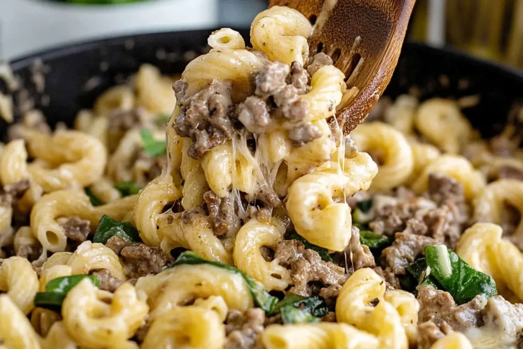 Creamy cavatappi pasta mixed with seasoned beef, melted cheese, and fresh spinach served in a skillet with a wooden spoon.