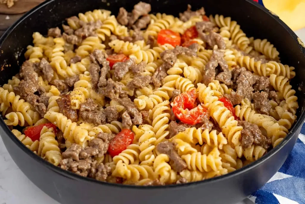 Rotini pasta mixed with sliced beef, melted cheese, and roasted cherry tomatoes served in a cast iron skillet.